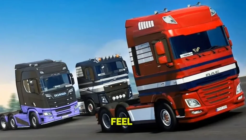Truckers of Europe 3 version 0.5.4 gameplay screenshot showing a Volvo FH truck driving on European highway at sunset with realistic graphics