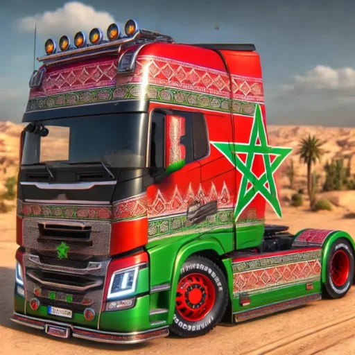 Truckers of Europe 3 MOD APK featuring exclusive Morocco-themed truck skin with traditional patterns